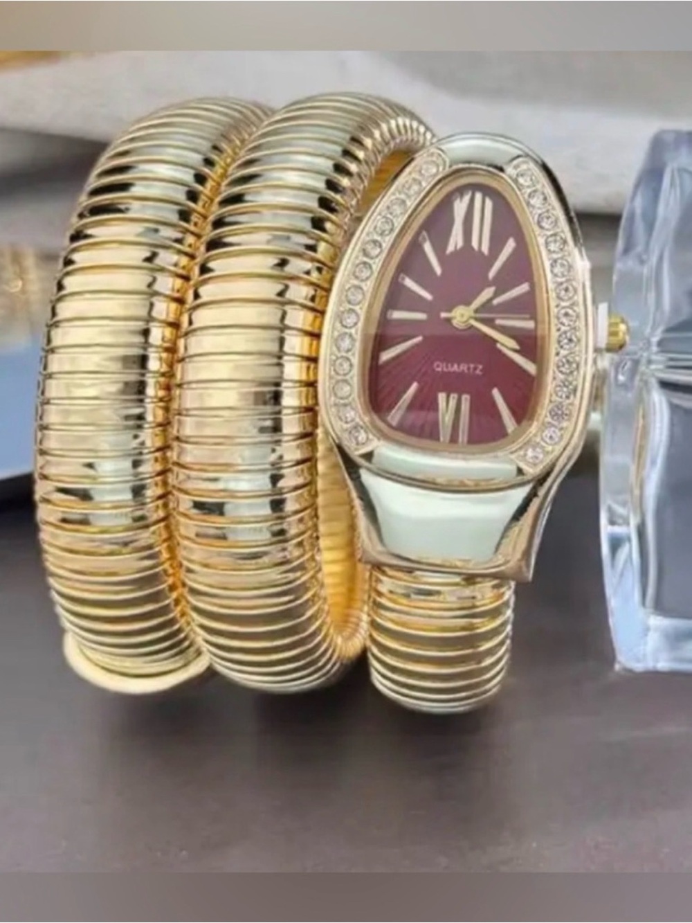 Gold-Tone Red Dial Crystal Accent Snake Wrap Bracelet Watch - Picture 3 of 4